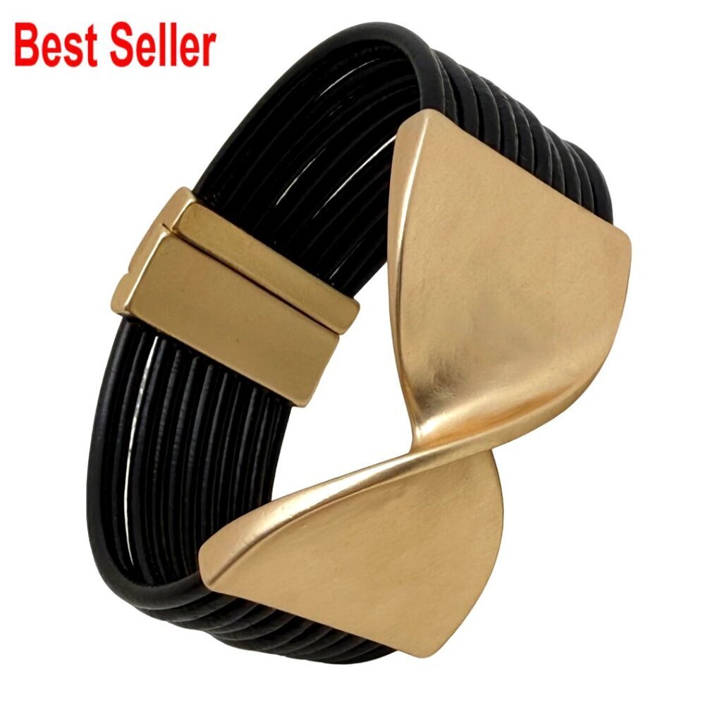 Leather Wrap Bracelet Gold Bow Knot Chunky Layered Bangle